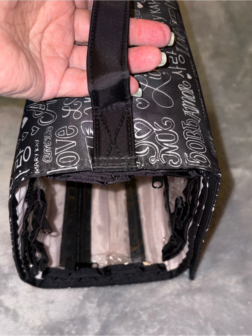Black Travel Makeup Organizer Bag with Script Design